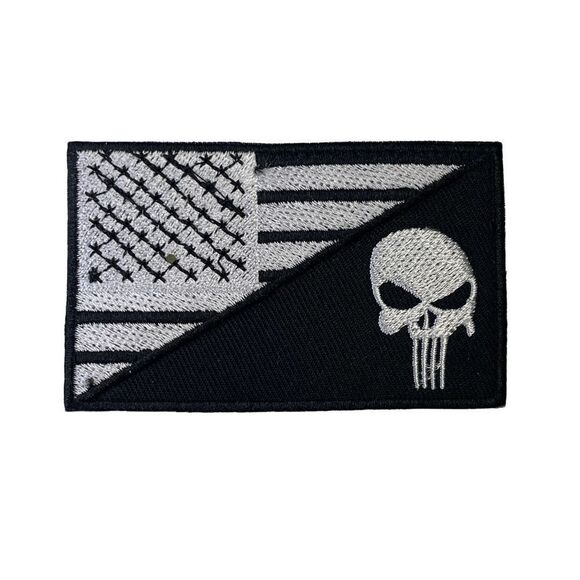 USA Flag Punisher Skull Black White Embroidered Patch - Picture 1 of 4